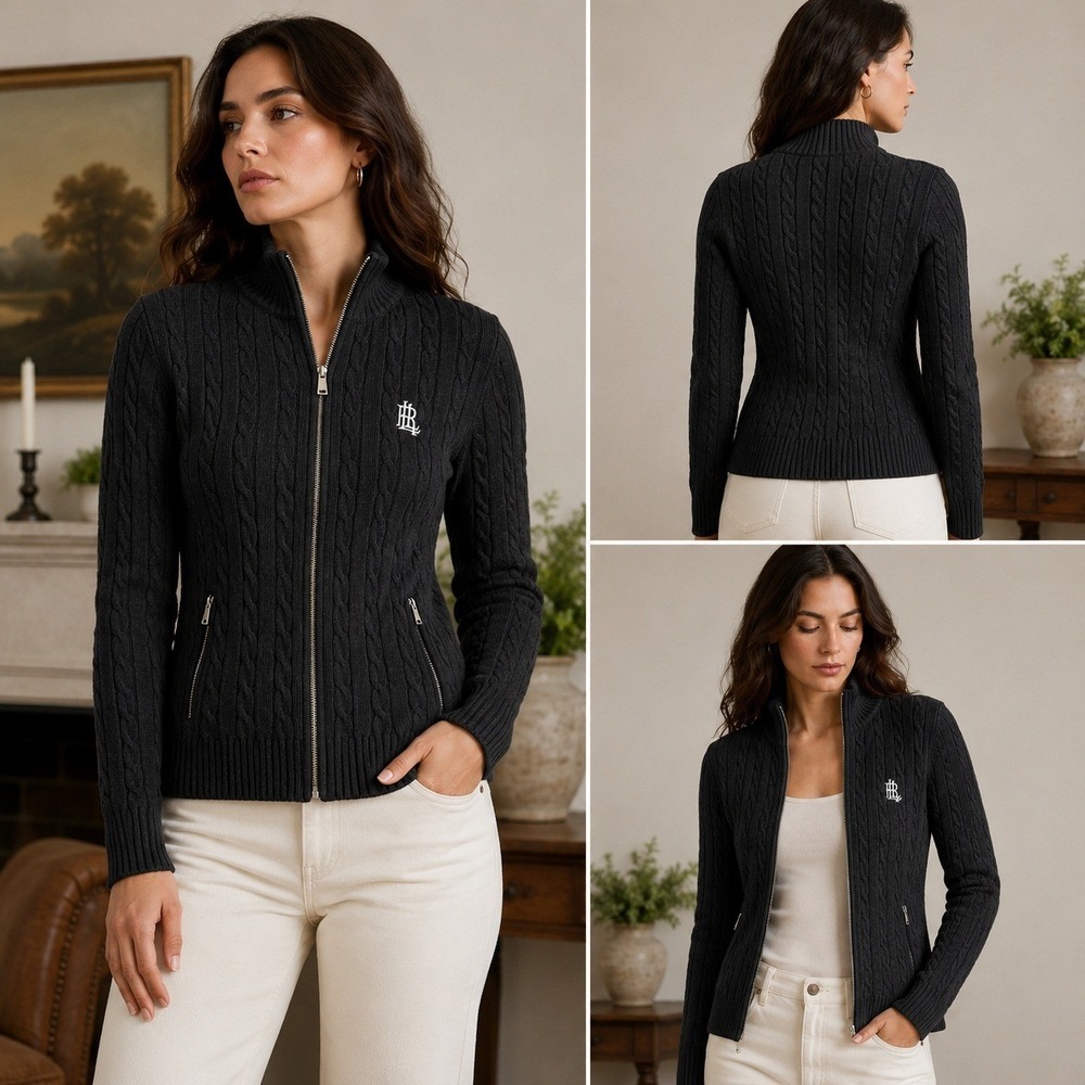 Lauren Ralph Lauren Cable Knit Zip Sweater Jacket Charcoal Black Cotton M